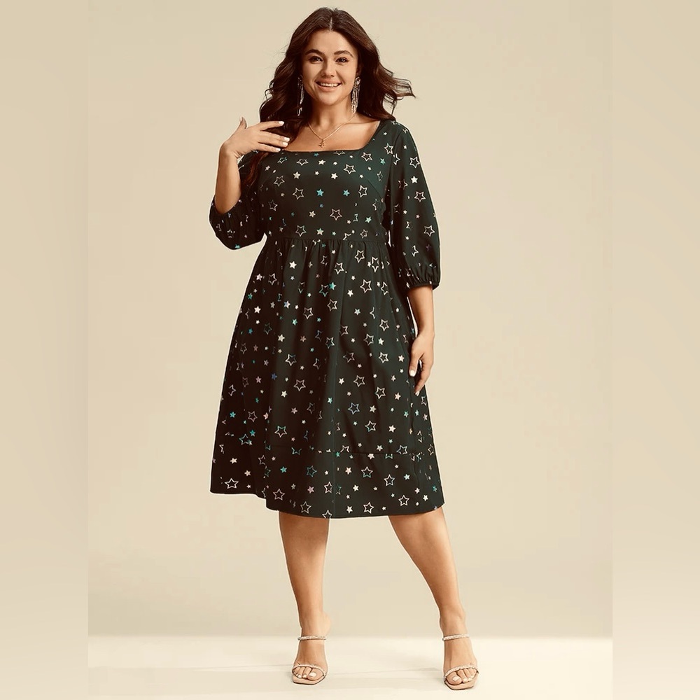 BloomChic Star Glitter Square Neck Lantern Sleeve Dress in Black